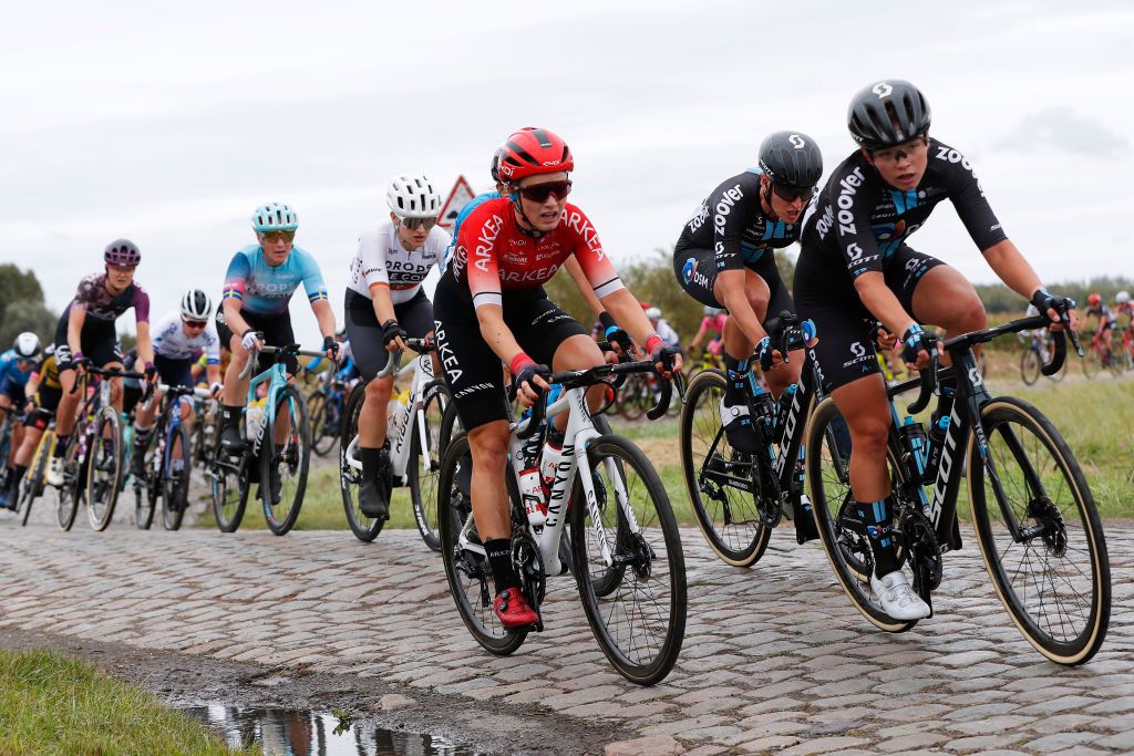 ROUBAIX FRANCE OCTOBER 02 LR Pauline Allin of France and Arkea Pro Cycling Team and Franziska Koch of Germany and Team DSM compete through Hornaing Wandignies cobblestones sector during the 1st ParisRoubaix 2021 Womens Elite a 1164km race from Denain to Roubaix ParisRoubaixFemmes ParisRoubaix on October 02 2021 in Roubaix France Photo by Bas CzerwinskiGetty Images
