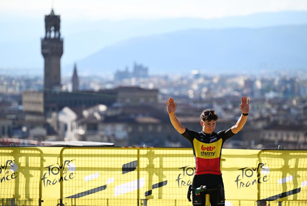 FIRENZE ITALY JUNE 27 Arnaud De Lie of Belgium and Team Lotto Dstny during the 111th Tour de France 2024 Team Presentation UCIWT on June 27 2024 in Firenze Italy Photo by Tim de WaeleGetty Images
