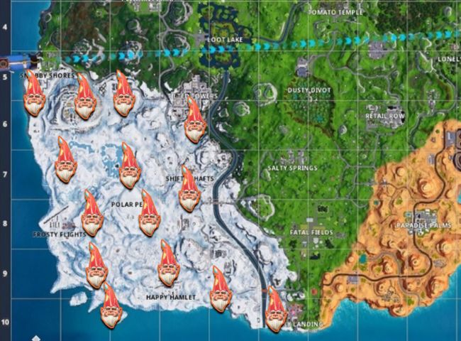 die obige karte zeigt ihnen alle 14 der fortnite chilly gnomes obwohl sie nur sieben von ihnen suchen mussen um diese wochentliche herausforderung - fortnite herausforderung woche 6