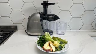The Amzchef Slow Juicer ZM1501 with a bowl of fresh produce ready to be juiced