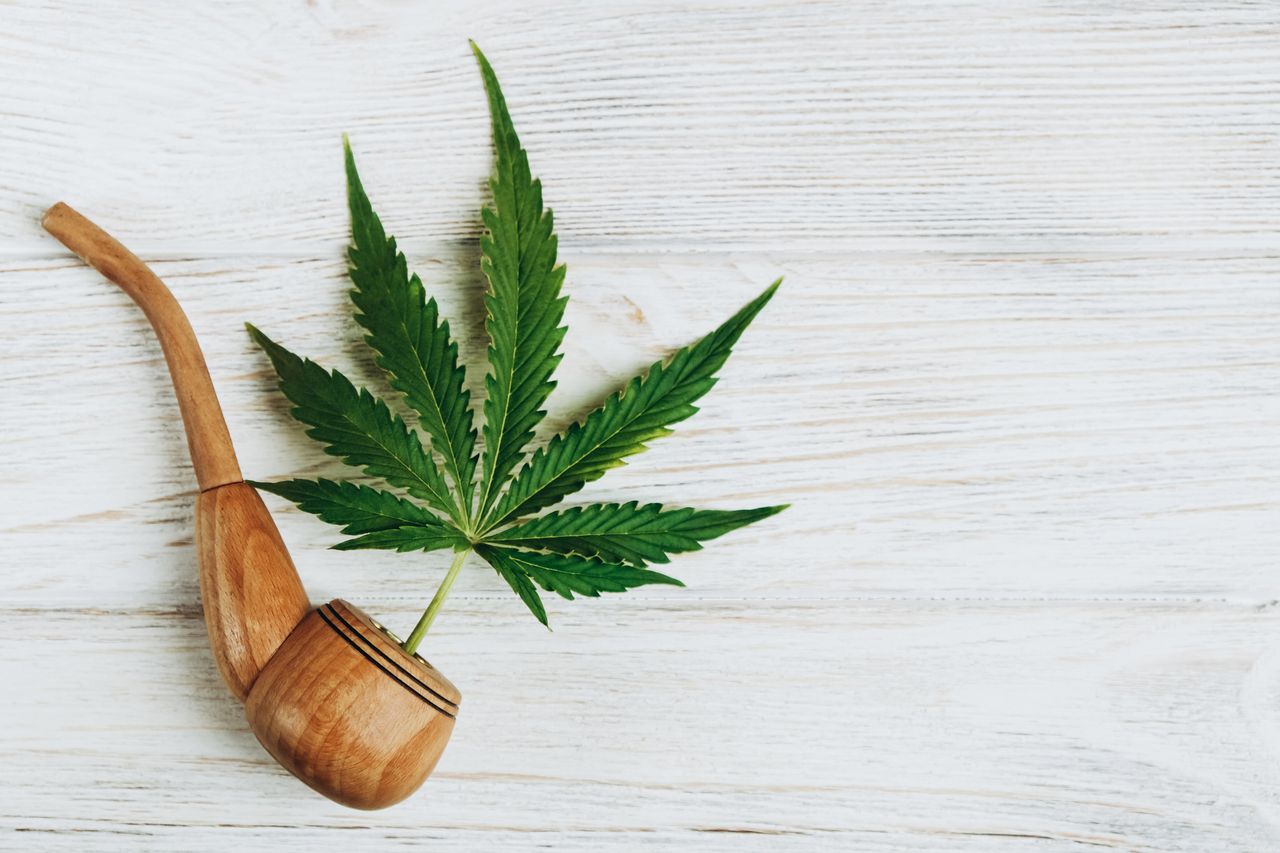 marijuana leaf coming out of wooden smoke pipe on whitewashed background