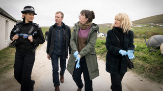 Lorna (Eubha Akilade), Sandy (Steven Robertson), Tosh (Alison O'Donnell) and Calder (Ashley Jensen) in Shetland season 10