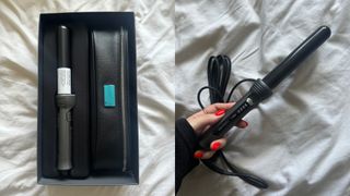 Two adjacent original images showing the Cloud Nine The Curling Wand with its case when first unboxed (left) and the tool itself in hand (right)