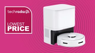 Switchbot K10+ robot vacuum on pink background with white text reading 'TechRadar lowest price'