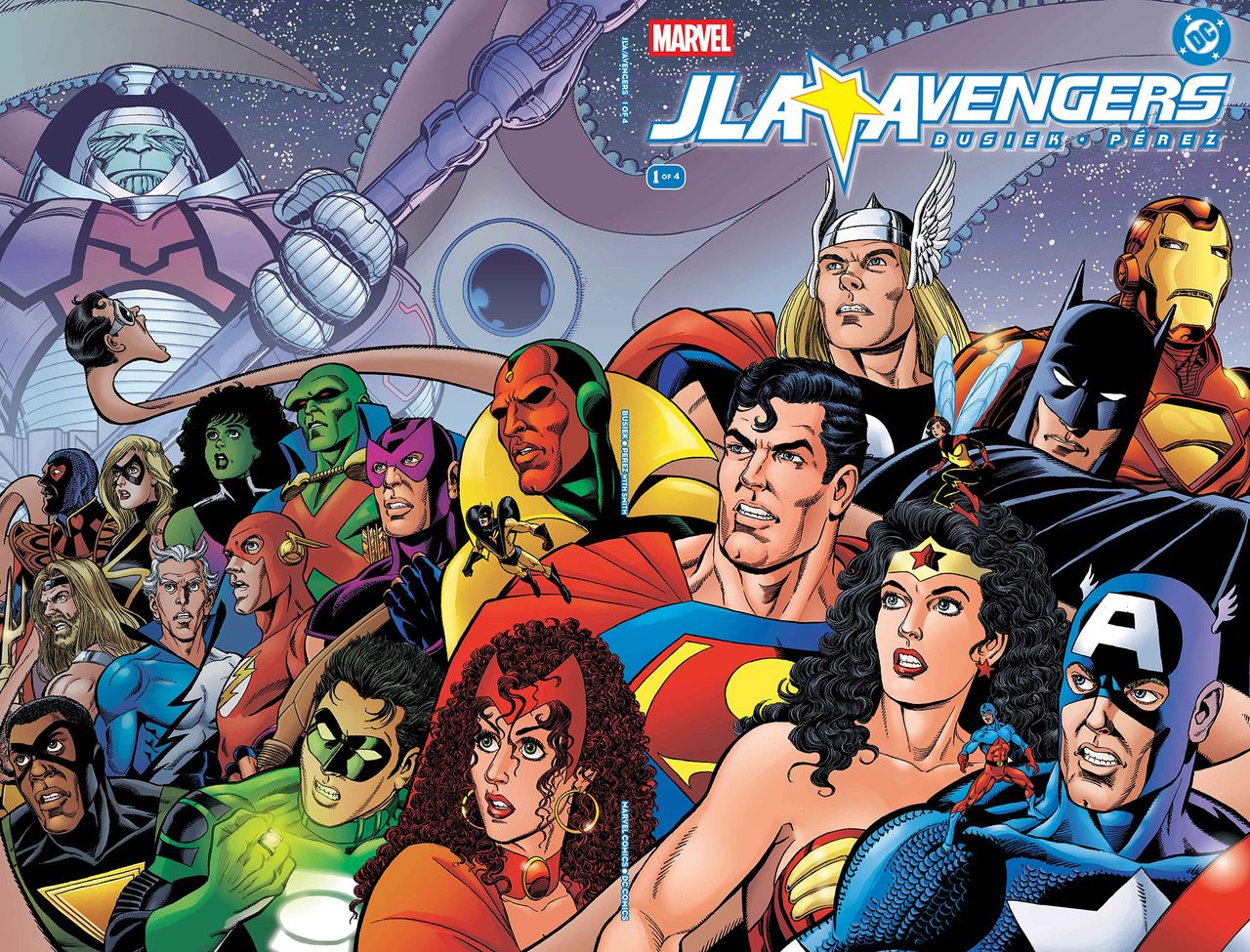 The Justice League and Avengers reacting to the arrival of cosmic villain Terminus