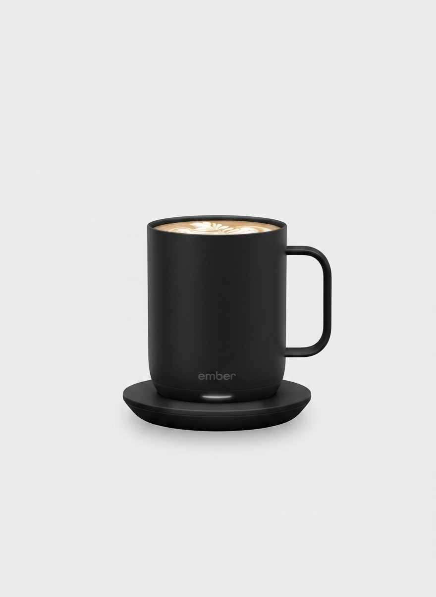 An Ember Temperature Control Smart Mug 2, on its charging coaster