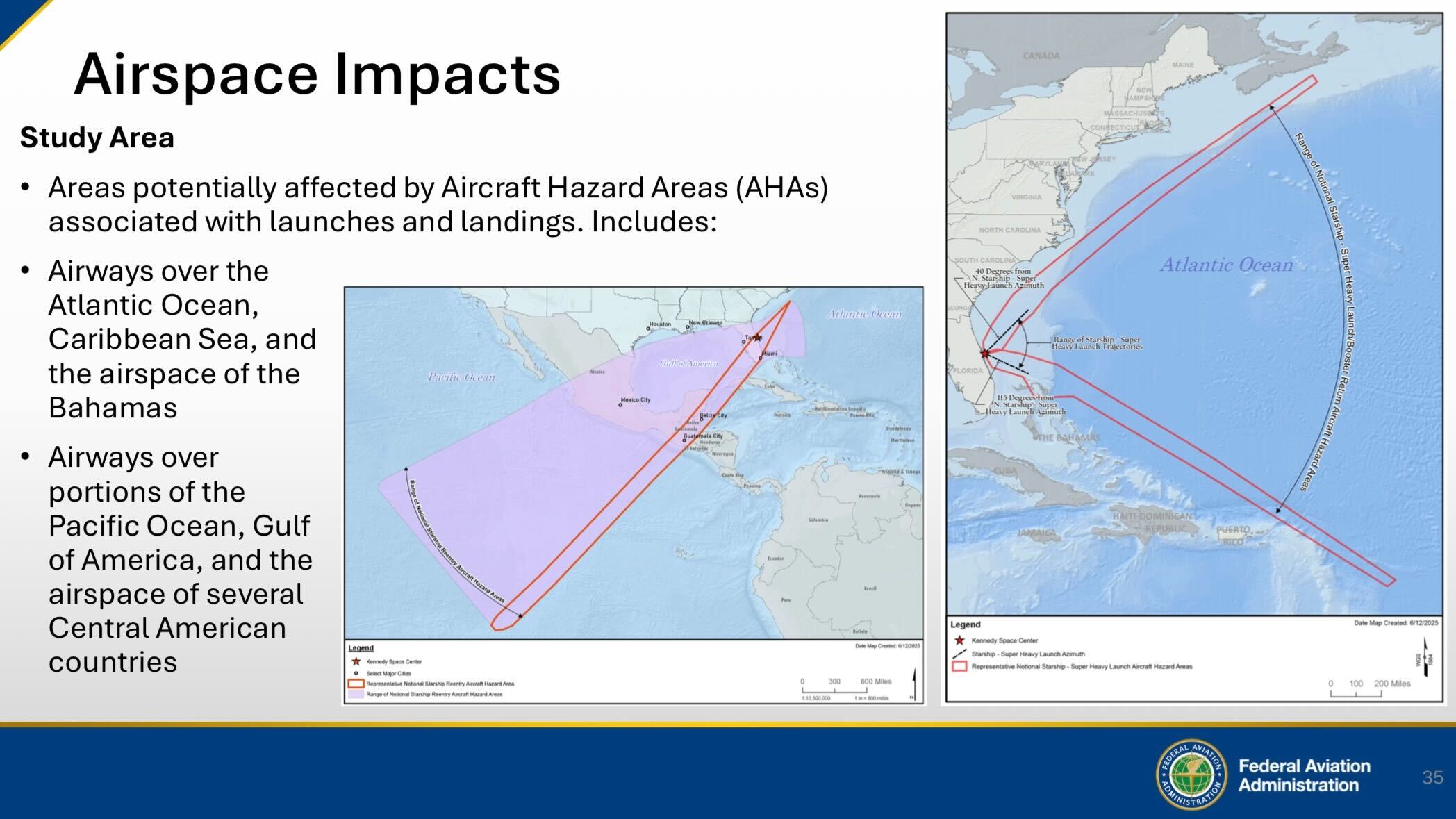 A presentation slide showing info about Starship launches from Florida.