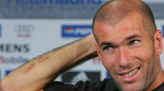 MADRID, SPAIN: Real Madrid's French player Zinedine Zidane gestures during a press conference after a training session at Las Rozas near Madrid, 08 September, 2004. AFP PHOTO JAVIER SORIANO (Photo credit should read JAVIER SORIANO/AFP via Getty Images)