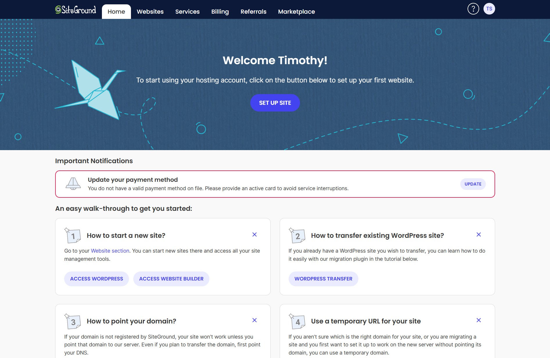 SiteGround customer dashboard