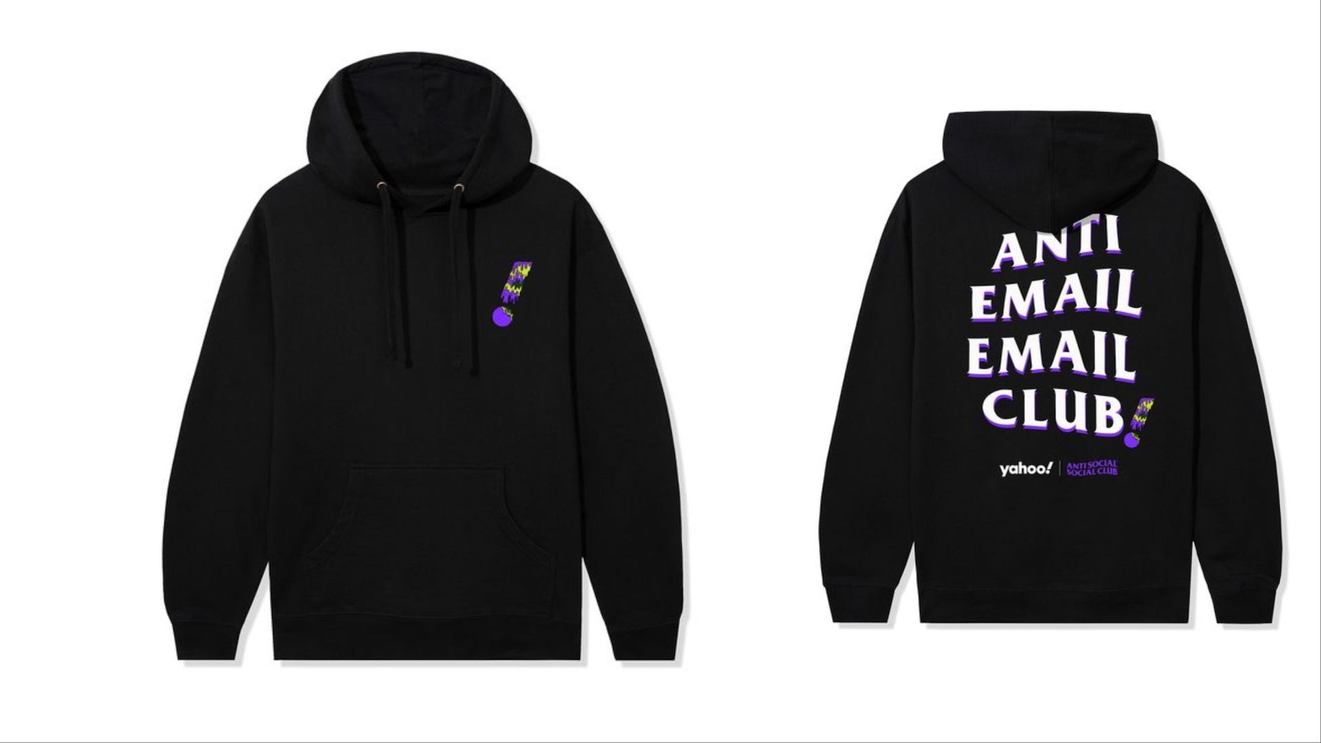 Anti Social Social Club hoodie in black featuring collab with Yahoo! showing the front and back