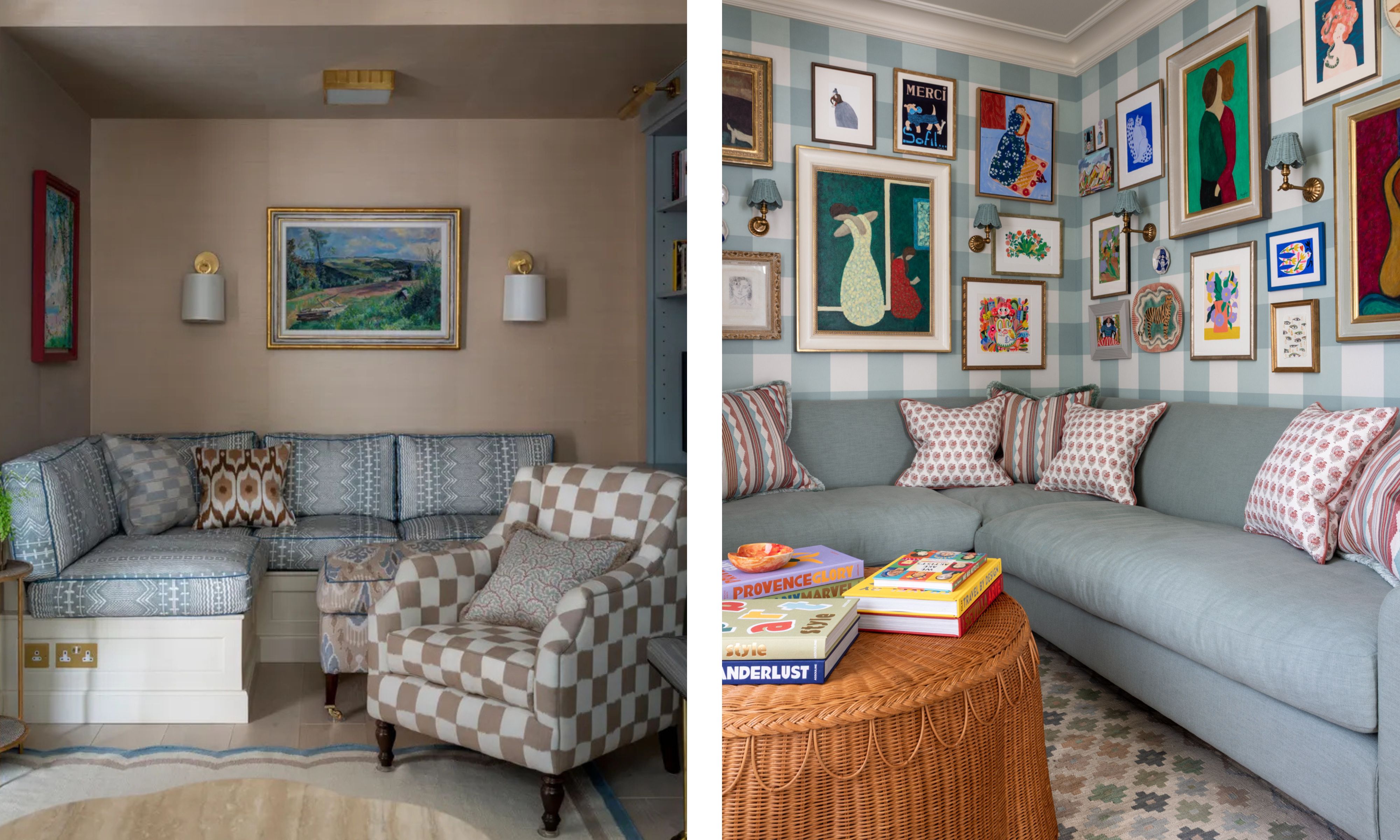 two side by side living rooms with blue and pink decor