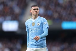 Phil Foden of Manchester City during the Premier League match between Manchester City and Manchester United at Etihad Stadium on March 03, 2024 in Manchester, England. (Photo by Catherine Ivill/Getty Images)