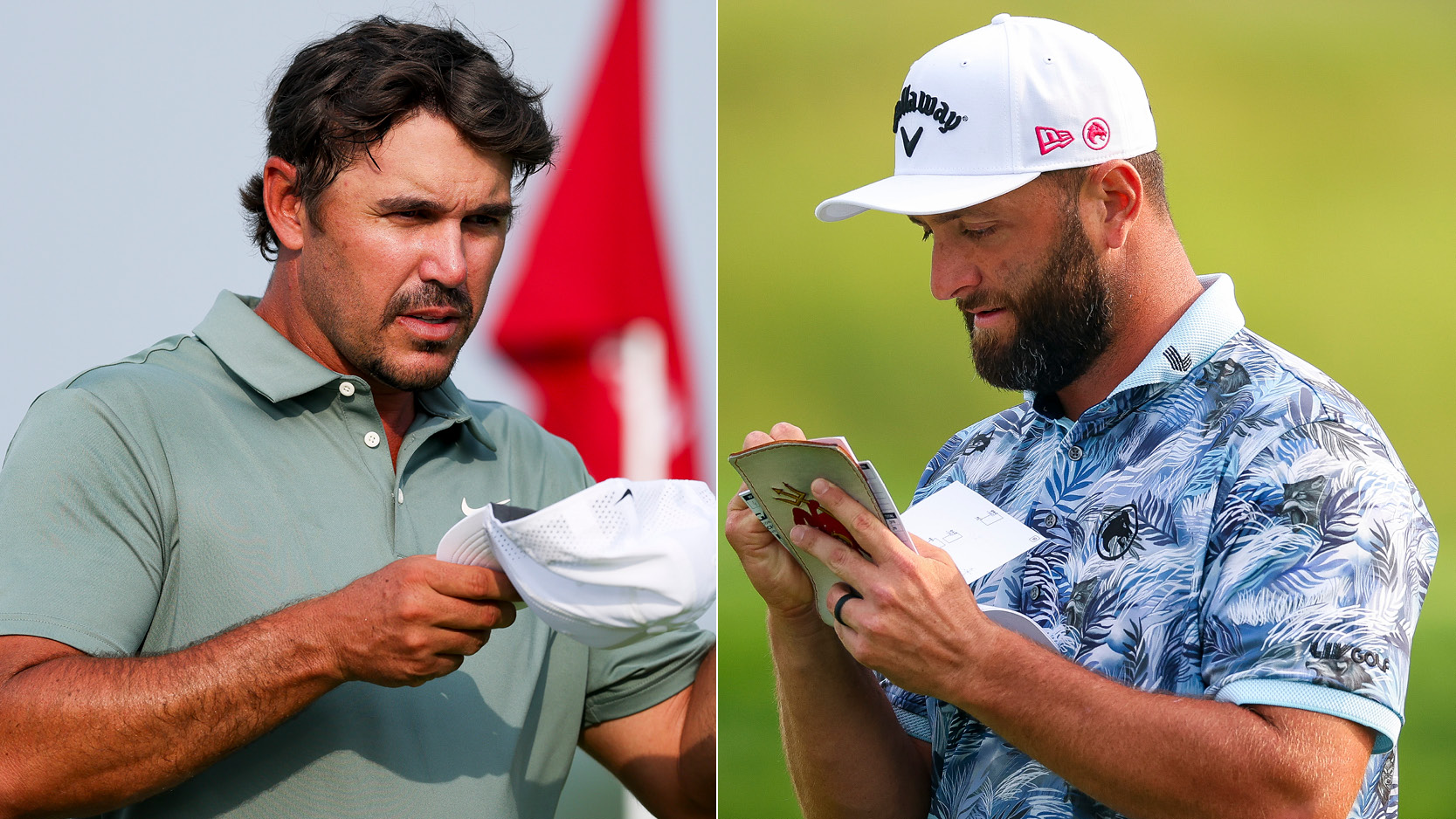 Brooks Koepka takes his hat off, Jon Rahm marks a scorecard