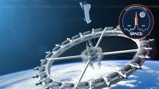 a space station shaped like a wheel in orbit above earth with a streamlined silver rocket approaching it