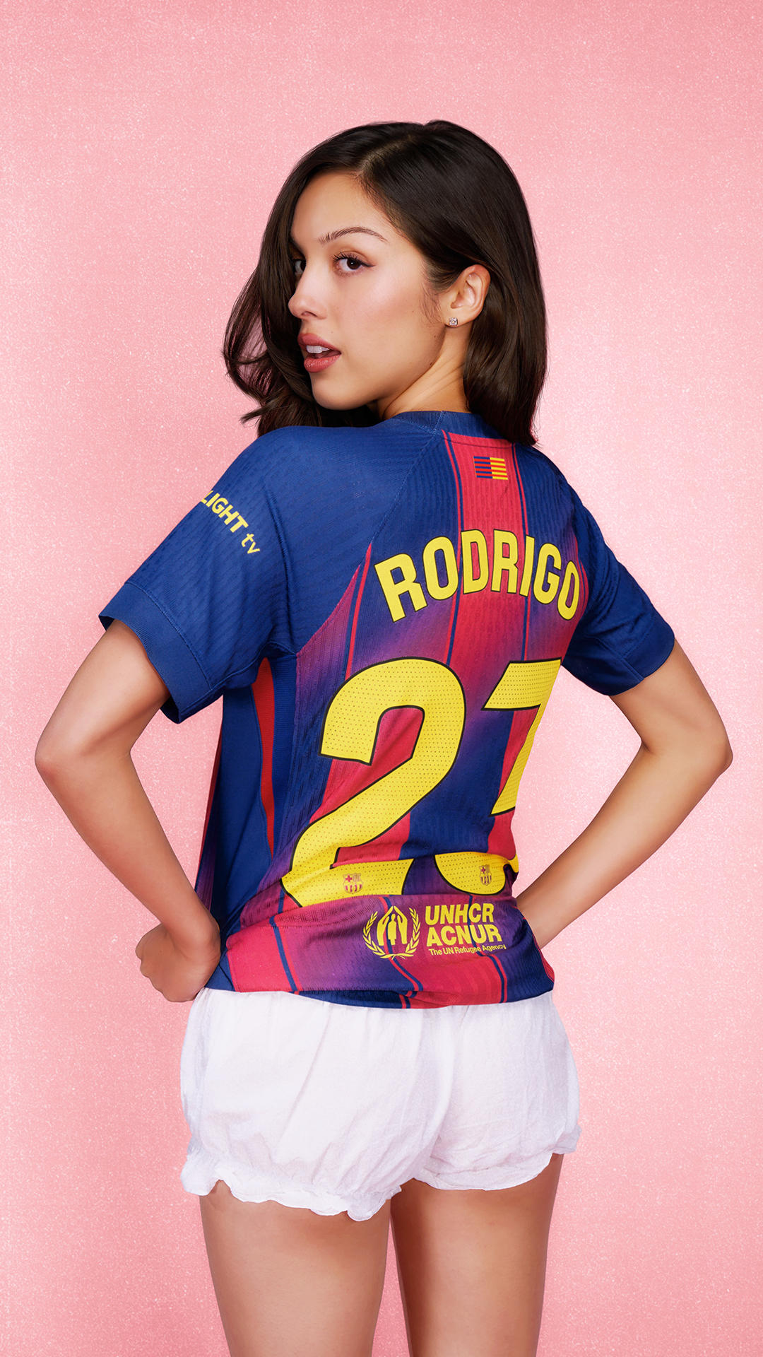 Olivia Rodrigo wearing the Barcelona kit with her name and number on the back