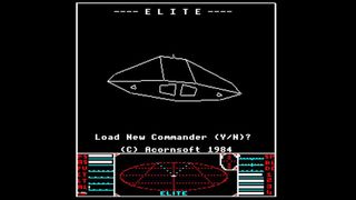 Elite game title screen showing a navigation map at the bottom, a simple line space ship in the middle and saying "Elite" at the top