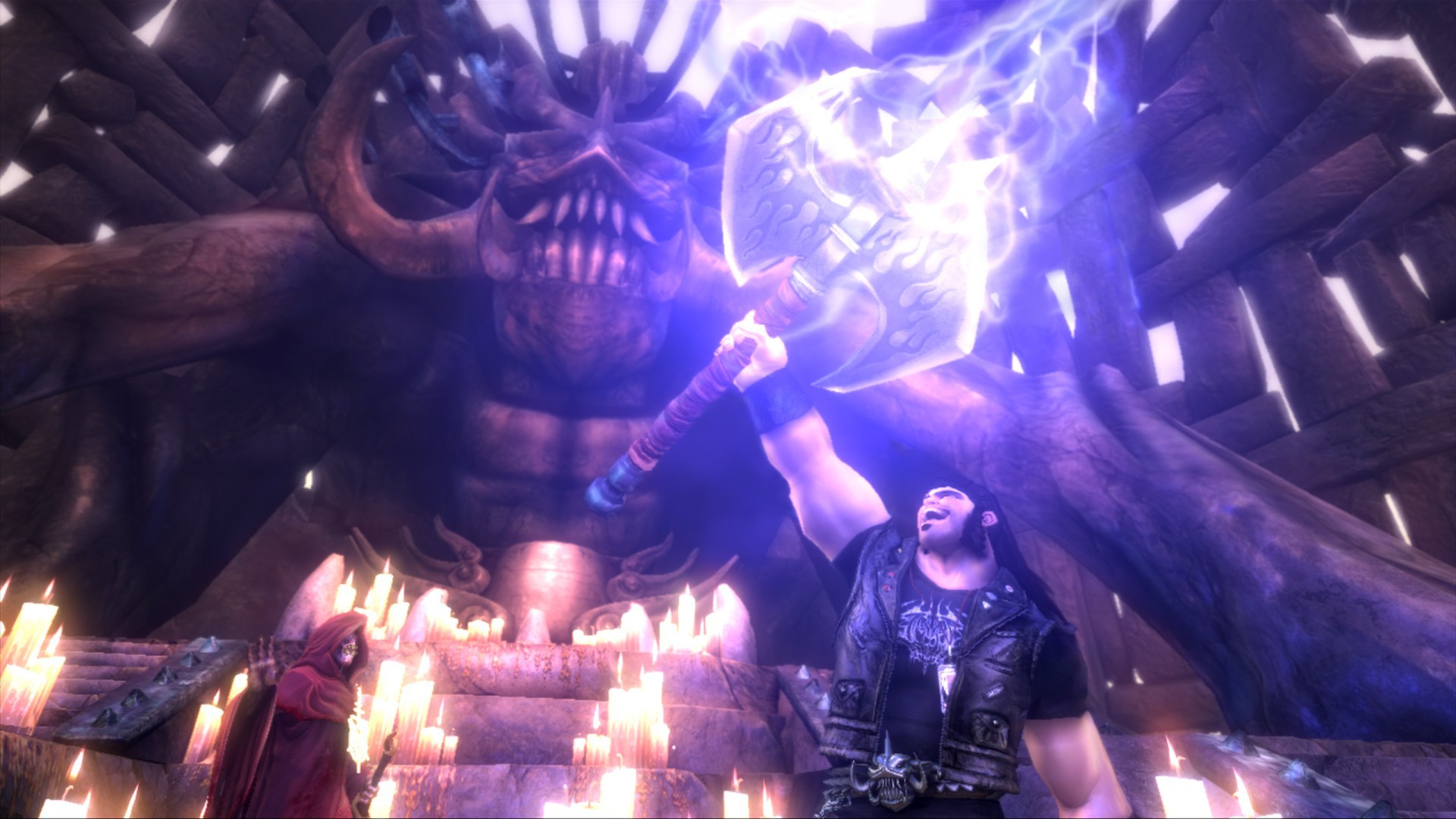 Brutal legend screenshot showing eddie holding a lighting powered axe