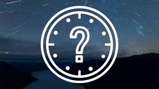 graphic depicting time of the geminid meteor shower. It is a while clock vector with a question mark in the center and the background of the image is a nice meteor shower scene showing dozens of shooting stars streaking through a starry sky.