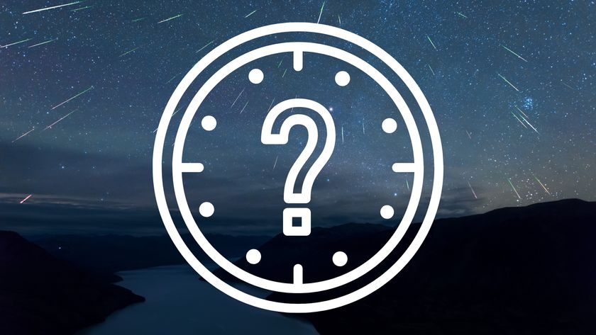 graphic depicting time of the geminid meteor shower. It is a while clock vector with a question mark in the center and the background of the image is a nice meteor shower scene showing dozens of shooting stars streaking through a starry sky.