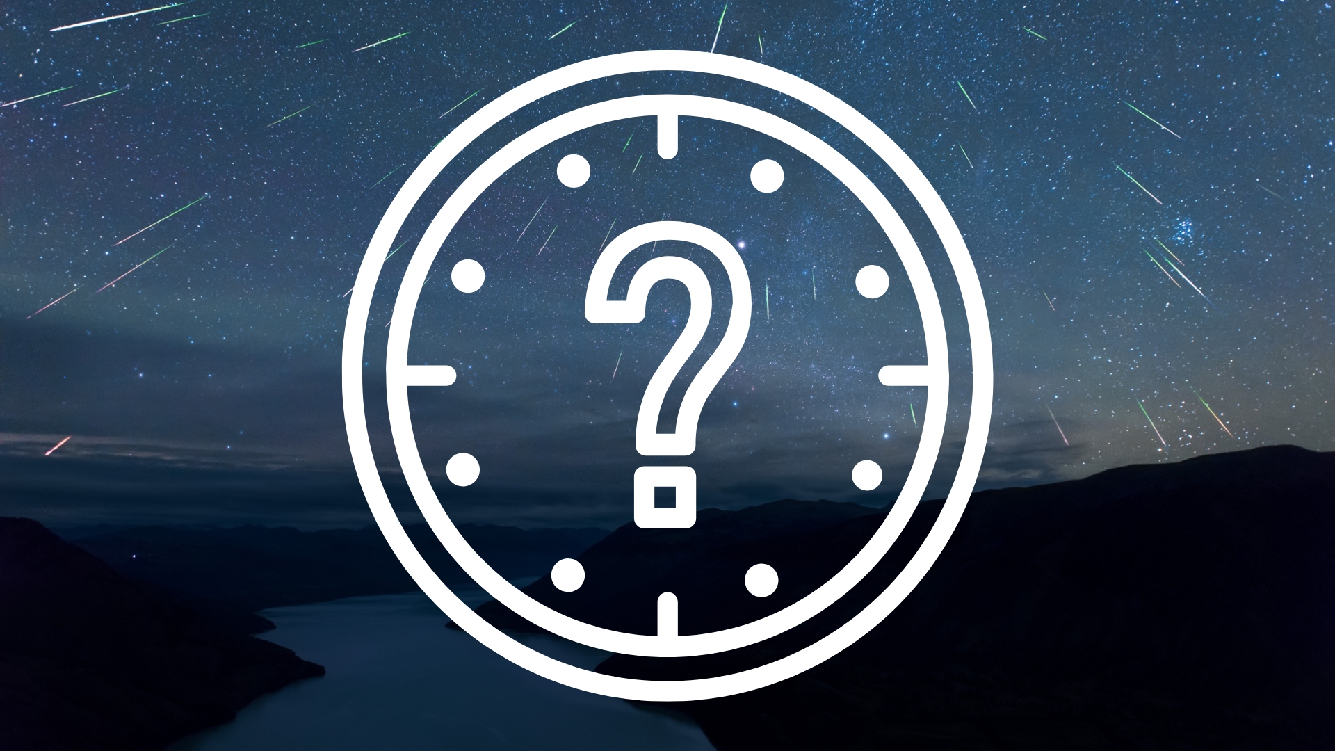graphic depicting time of the geminid meteor shower. It is a while clock vector with a question mark in the center and the background of the image is a nice meteor shower scene showing dozens of shooting stars streaking through a starry sky.