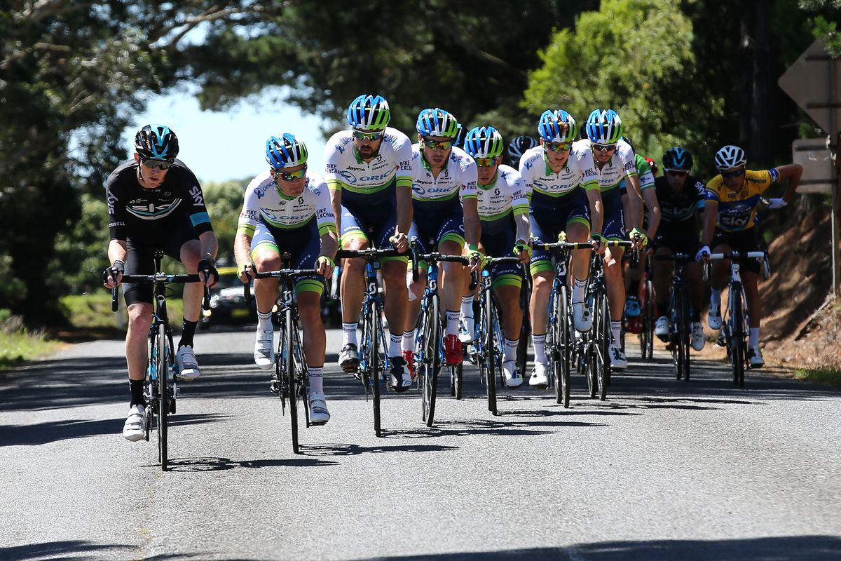 Ian Boswell (Team Sky) leads the Orica-GreenEdge team along