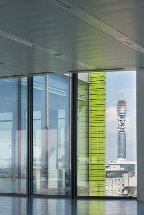 Reflective glass walls and city view from building