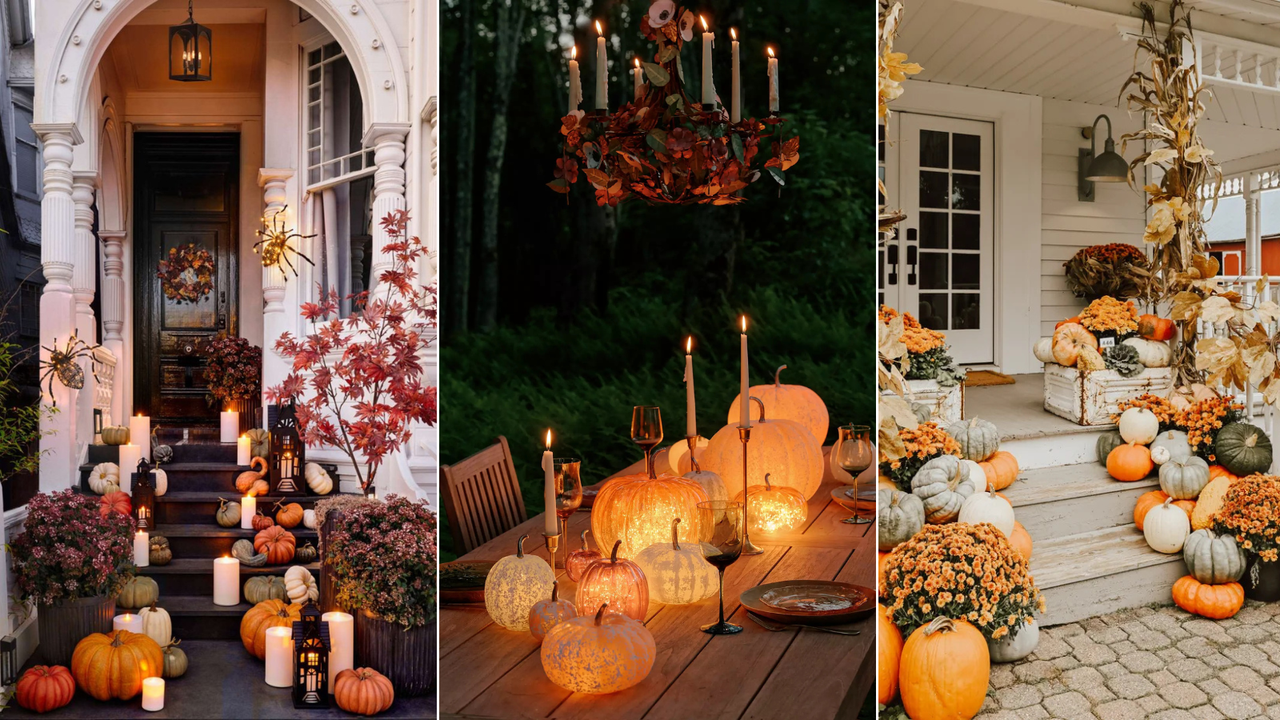 Three images of pumpkins decorating porches and an outdoor table