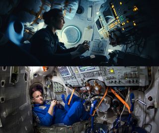 two photos, one top and one bottom, of a woman and man, respectively, sitting in a cockpit full of wires, levels and cables