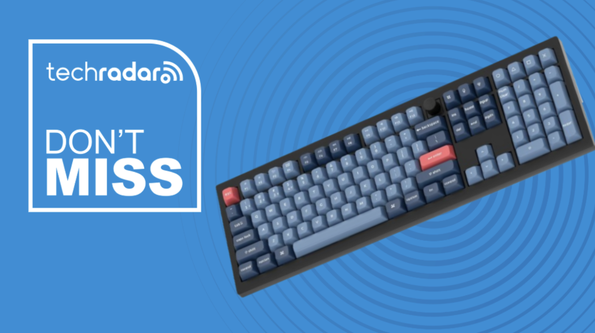 Keychron V6 Max on a blue background next to a TechRadar badge reading 'Don't Miss'