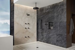 Overhead shower in black and white bathroom