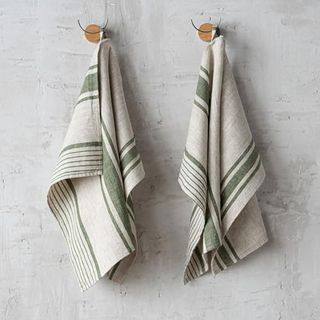 Linenme Set of 2 Tea Towels Linen 100%, 45 X 66 Cm Provence - Linen Towel With Hanger - Tea Towels & Kitchen Towels in Natural/forest Green Stripes, Made in Lithuania