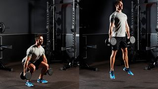 Man performs squat jump exercise with dumbbells