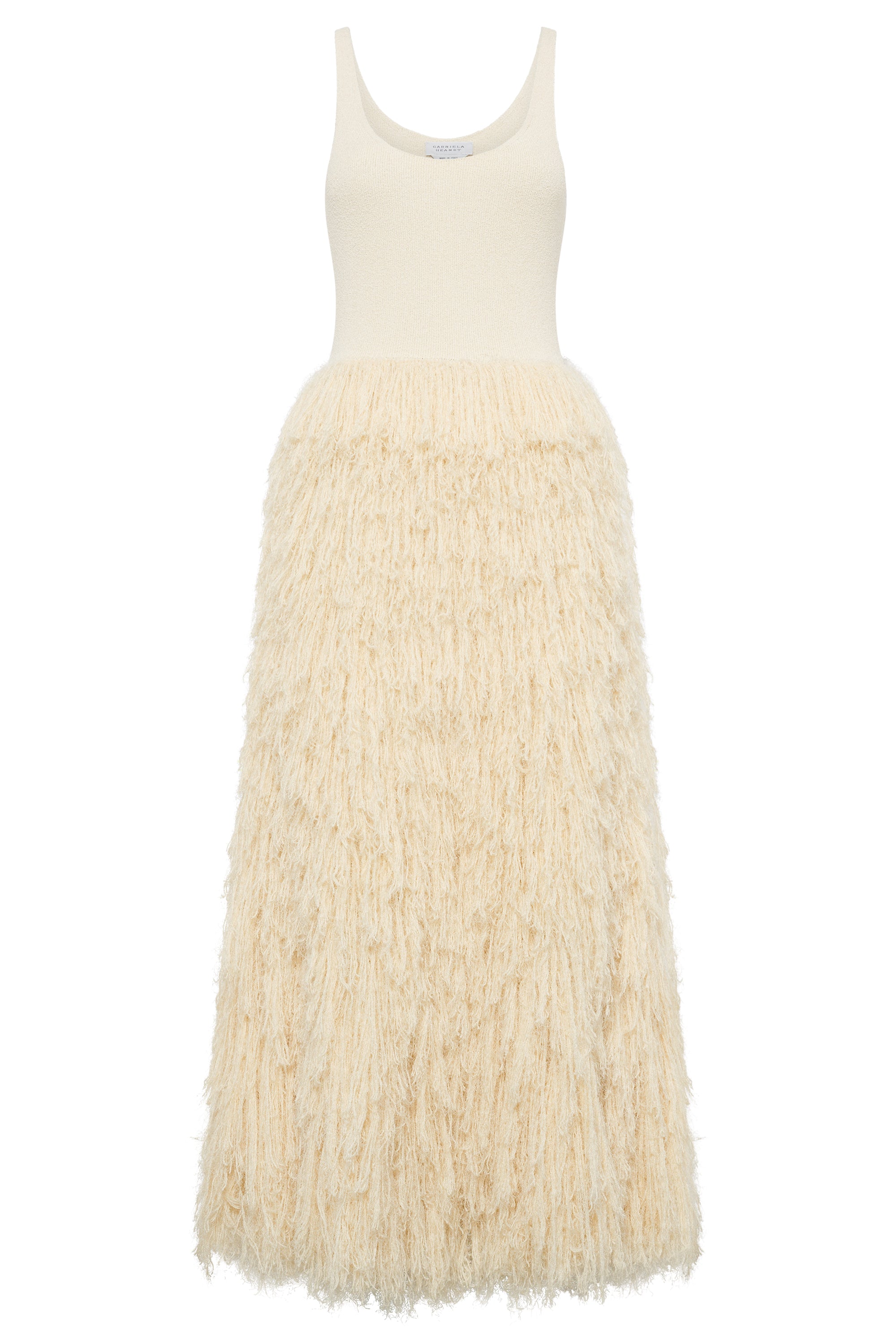 Eleanor Fringe Knit Maxi Dress in Off White Silk Cashmere