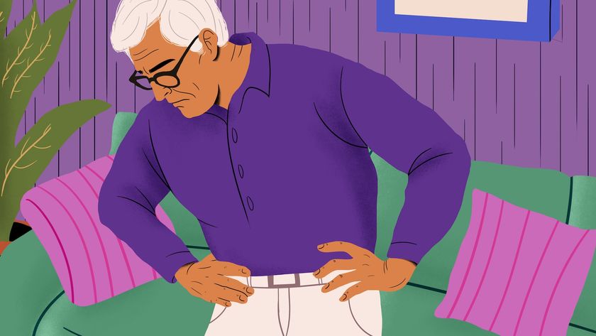 an illustration of an elderly man grimacing in pain as he gets up from the couch