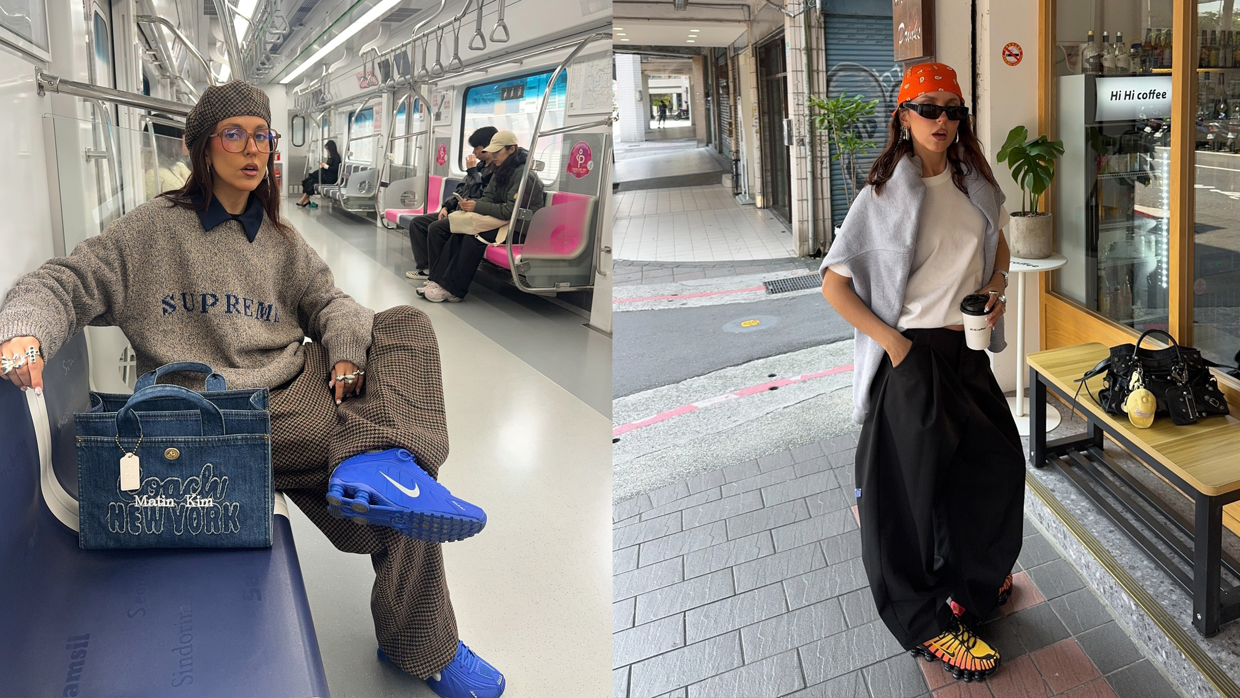 A collage of Sofia wearing Nike Shox sneakers with trousers, a sweater, and hat.