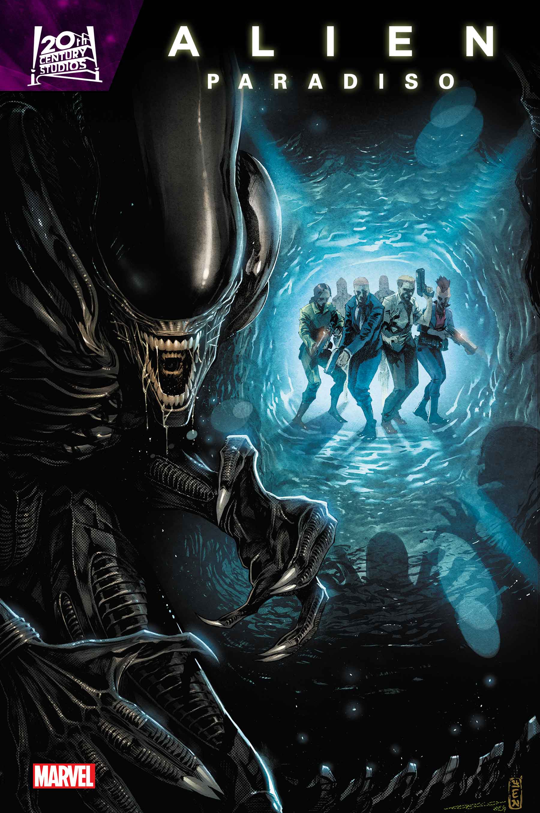 Cover art for Alien: Paradiso with a lurking Xenomorph.