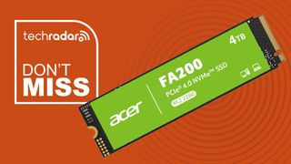 The Acer FA200 4TB SSD on an orange background next to a white TechRadar badge that reads 'Don't Miss'