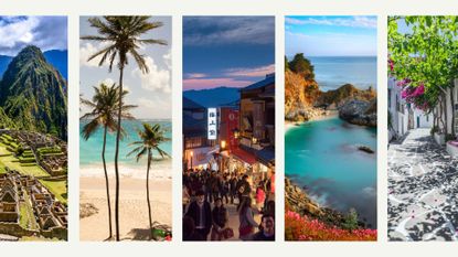 Comp image of the best places to visit in September, including Peru, Barbados, Kyoto, Big Sur and Paros