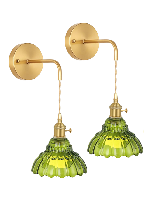 Green Glass Wireless Wall Sconces, Set of 2