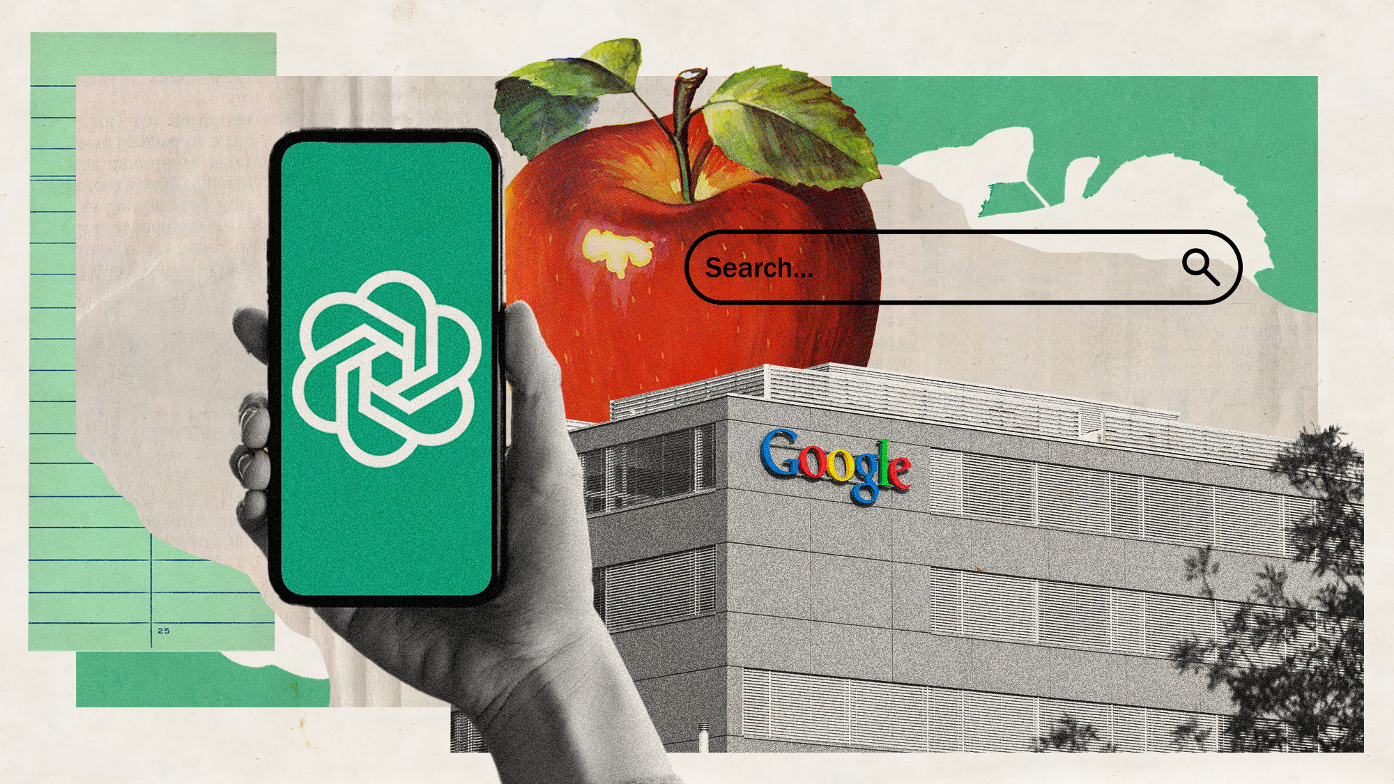 Photo collage of a building with Google's logo on it, a hand holding a phone with the Open AI logo, an apple, and a search bar.