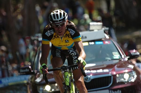 Oleksandr Kvachuk (Ukraine) rides alone at the front after dropping his breakaway companions.