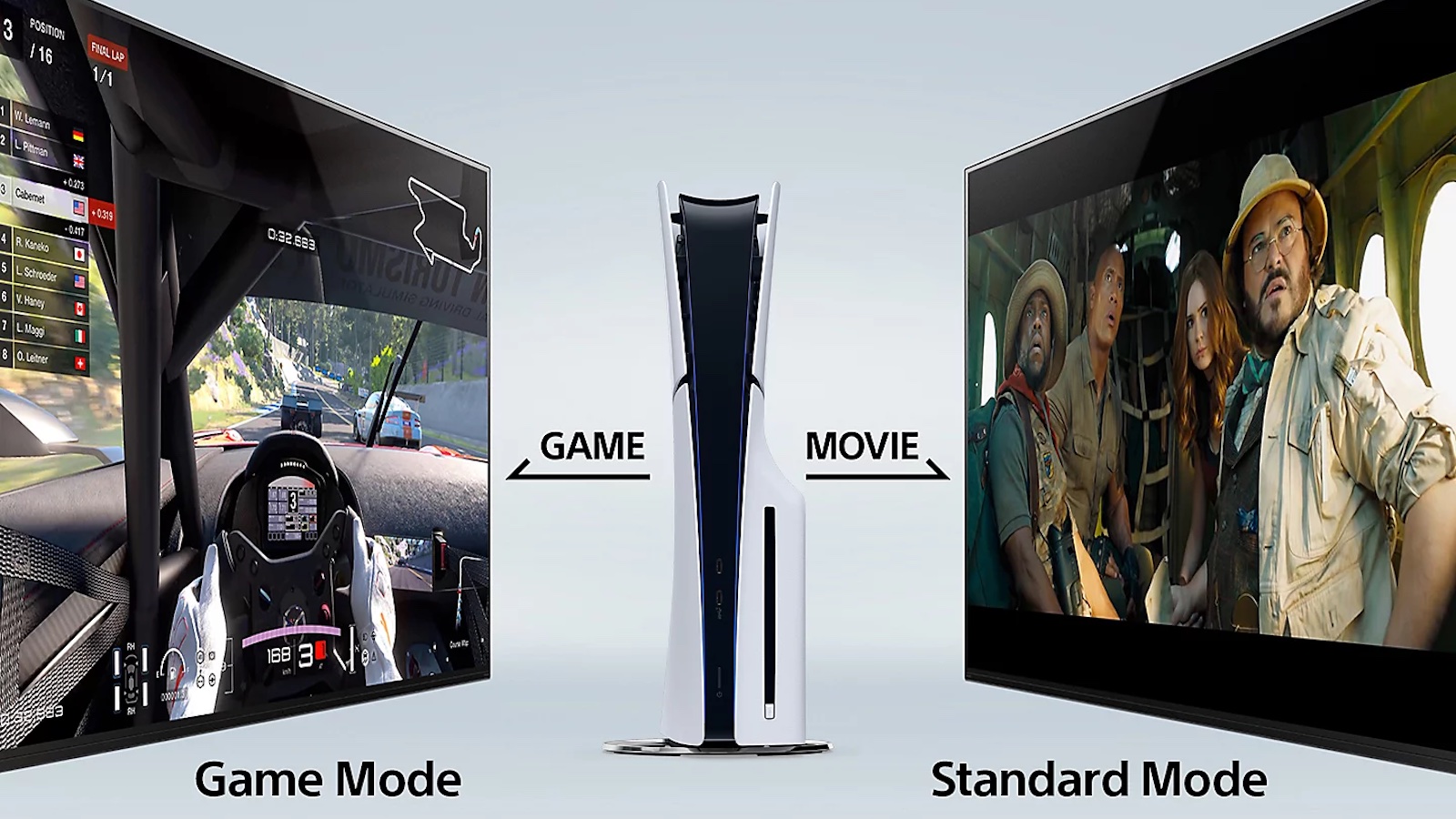 A PS5 flanked by two Sony TVs, one of which has a game on the screen, the other of which is showing a movie.