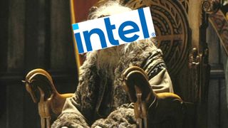 An Intel logo over the aged, weakened King Theoden of Rohan