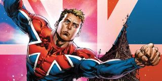 Captain Britain flying into action in front of Big Ben