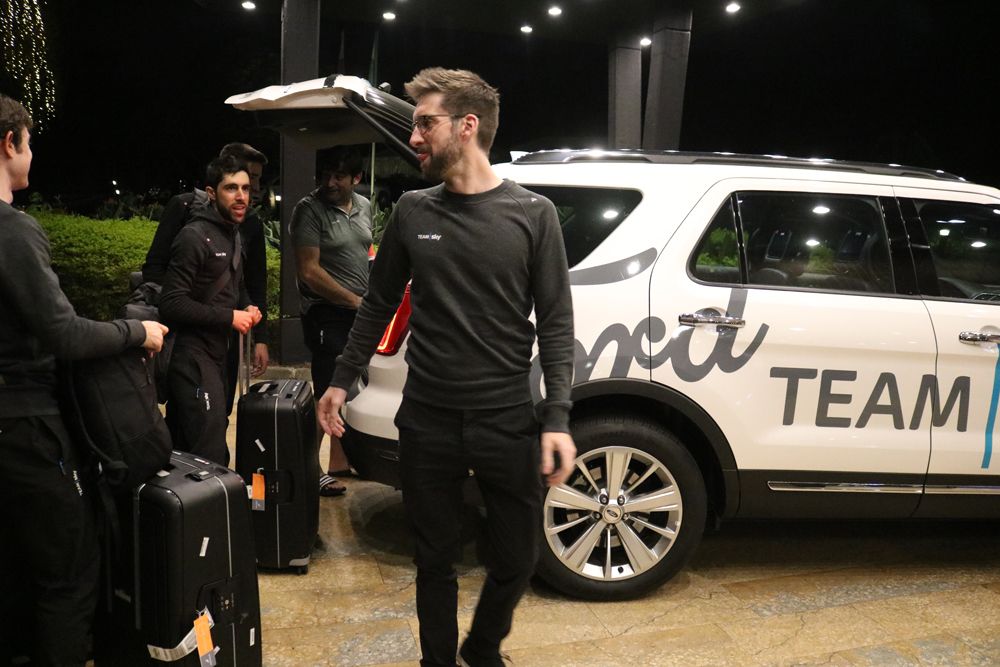 Team Sky riders arrive at the race hotel