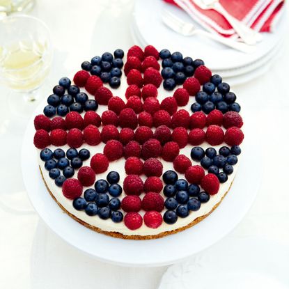 A very British Cheesecake on a white plate for a jubilee party