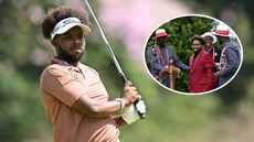 Njoroge Kibugu hitting a golf shot and an inset of him in a red jacket after winning the low Kenyan in the 2026 Magical Kenya Open