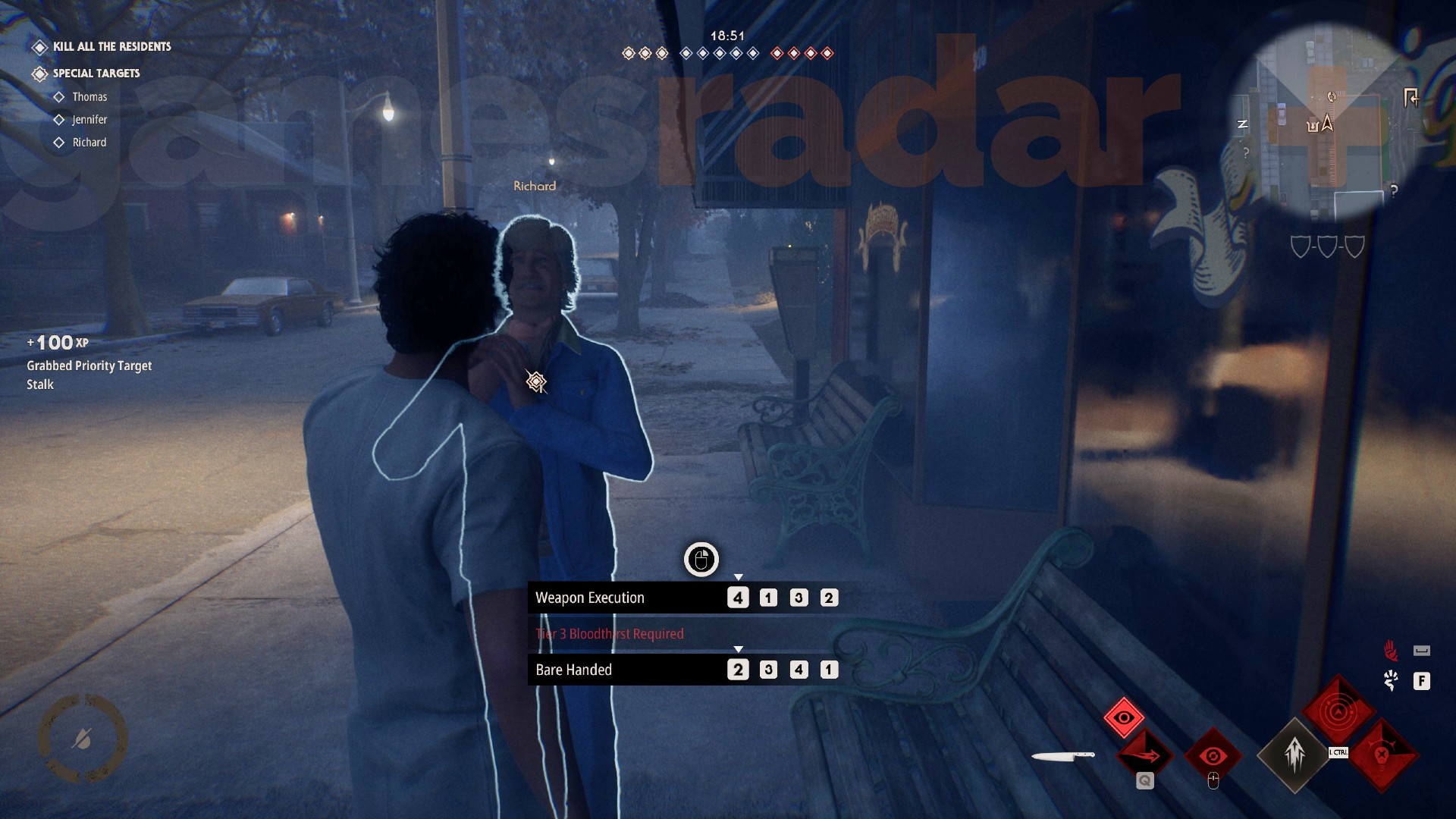 Michael Myers faces skill checks as he holds a victim by the throat in Halloween the Game.