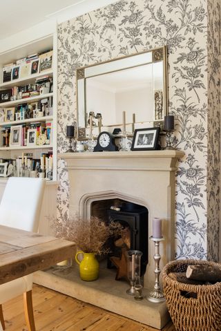 dining room in Victorian extension to a 17th-century home with monochrome floral wallpaper