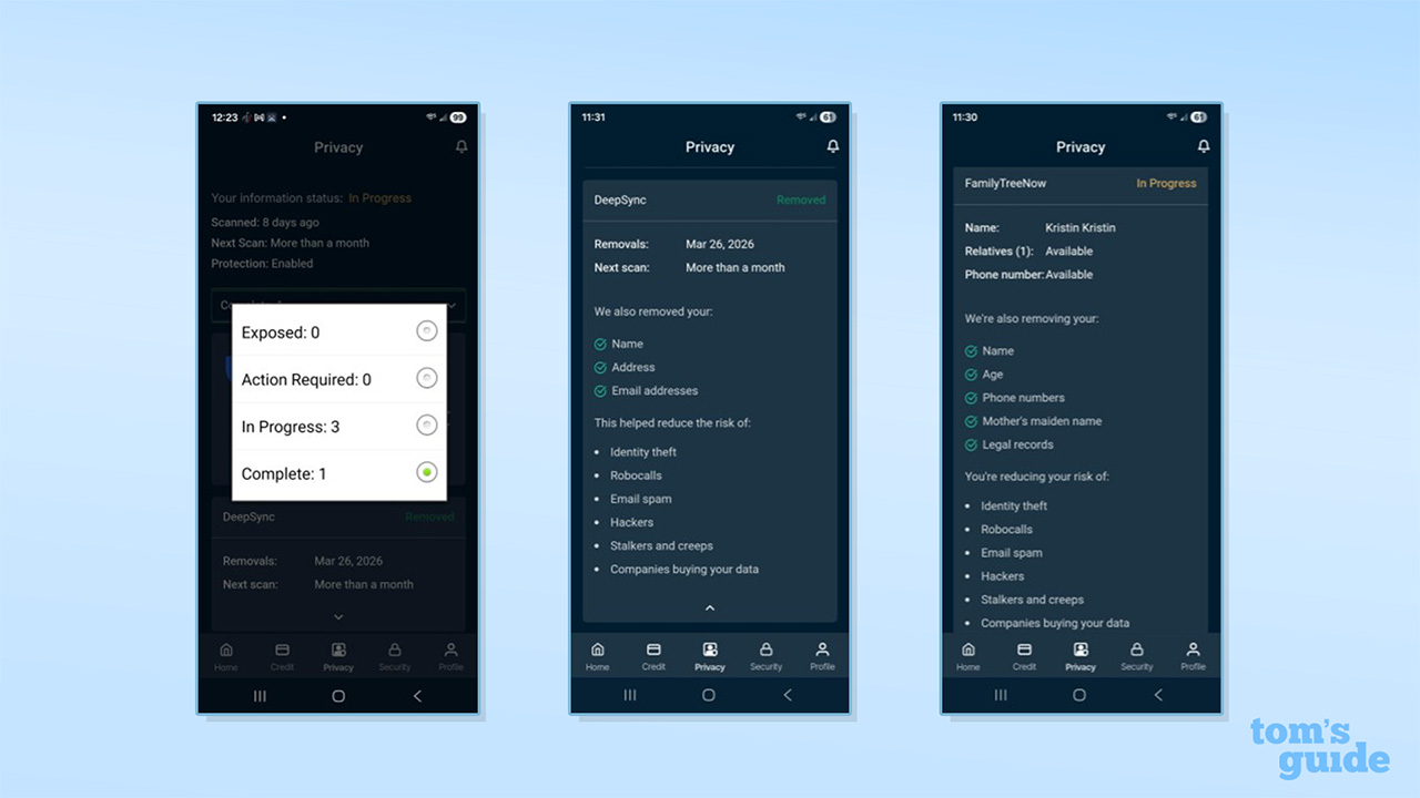 تصاویری از برگه حریم خصوصی برنامه ExpressVPN's Identity Defender.